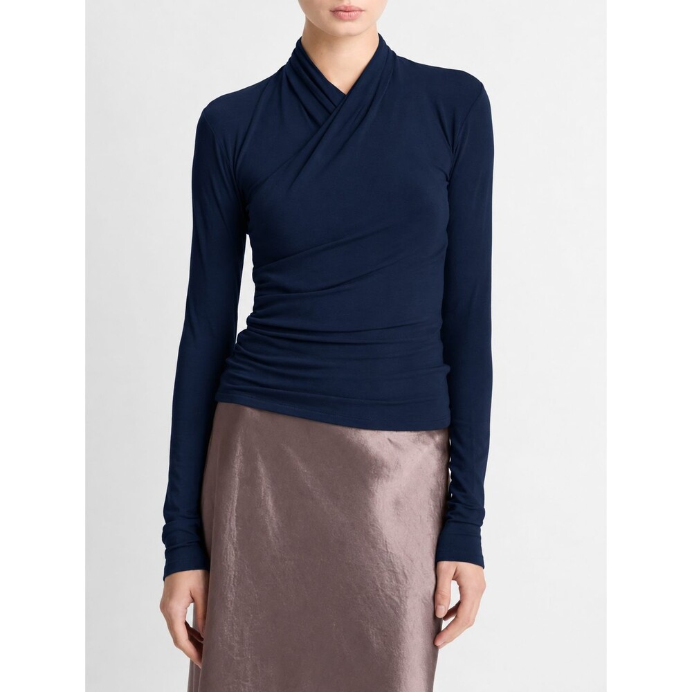 Vince Soft Fixed Wrap Long-Sleeve Top in Navy Blue Women's Shirt Sz Large $228